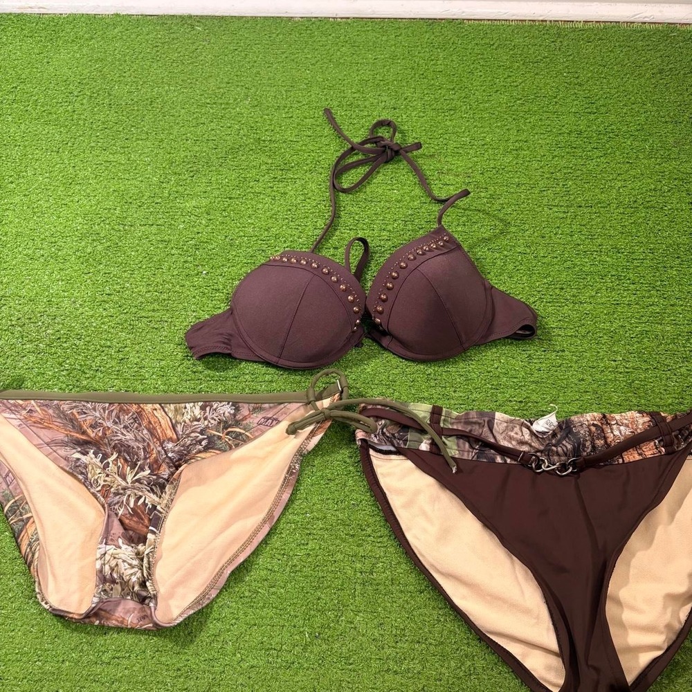 Vintage Y2K Women's Camo Swim Suit Chocolate Brown Studded Bikini